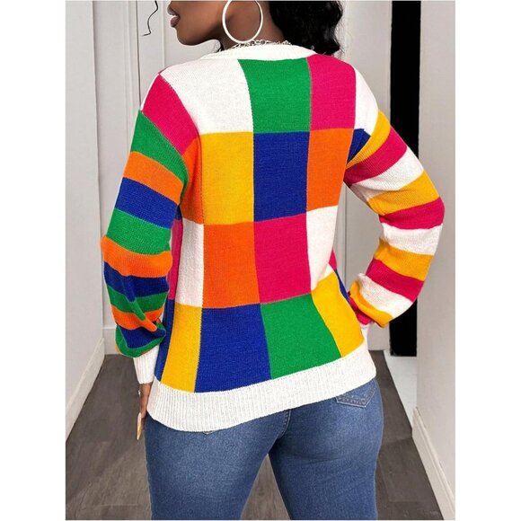 Women's Rainbow Plaid Checkered Long Sleeve Crew Neck Pullover Knitwear Sweater - Picture 3 of 5